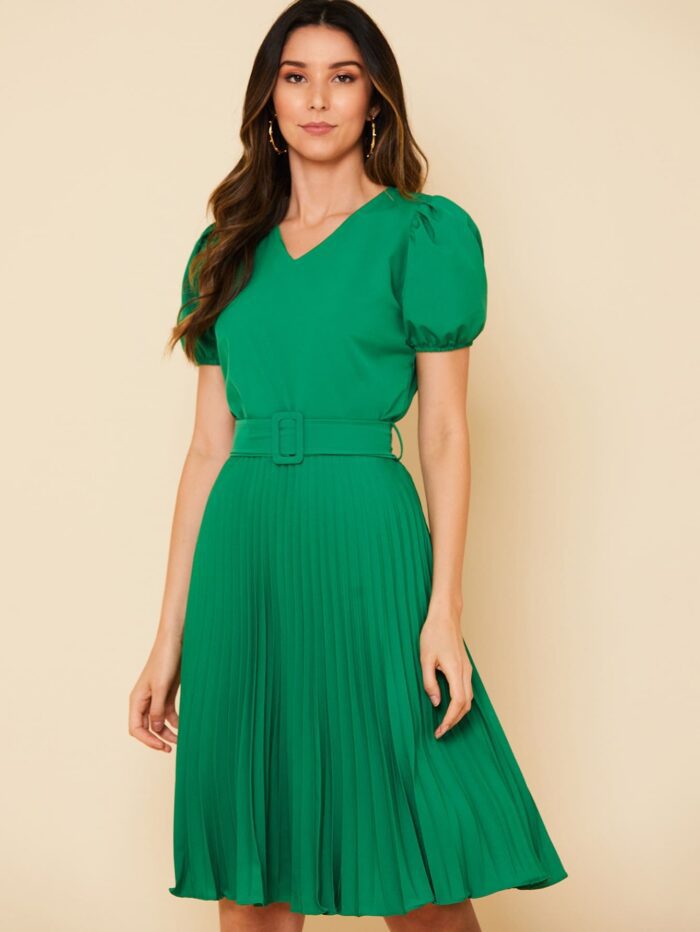 Vestido Plissado Midi Verde