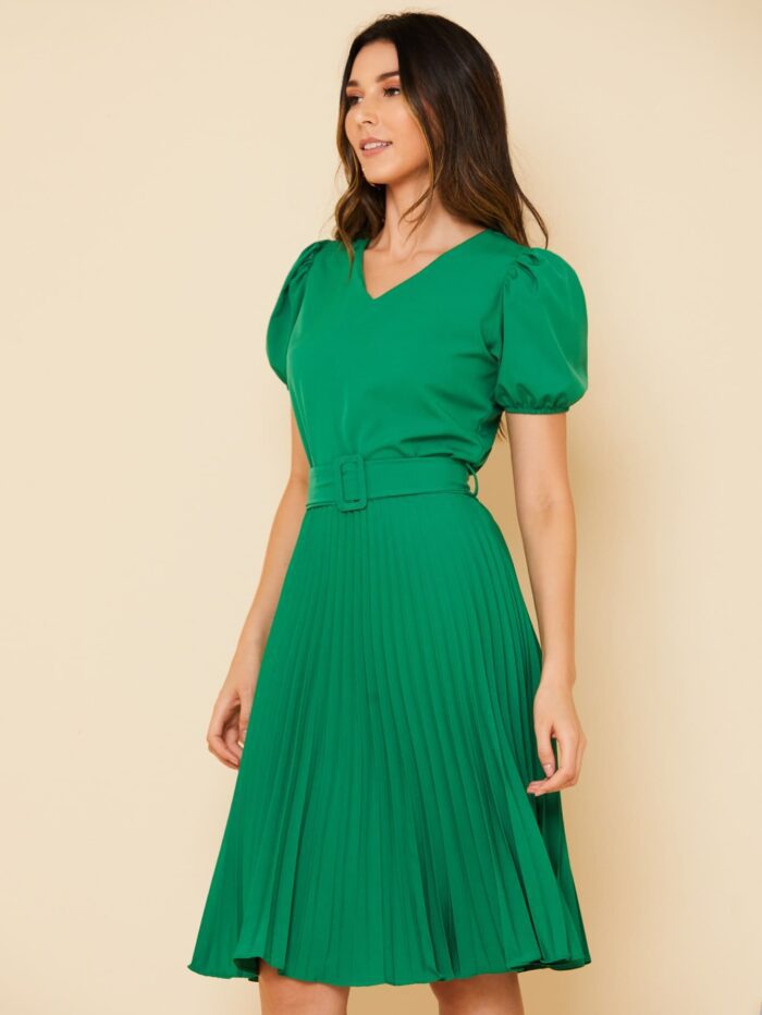 Vestido Plissado Midi Verde