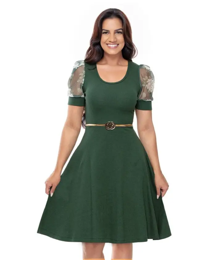 Vestido Canelado Com Tule