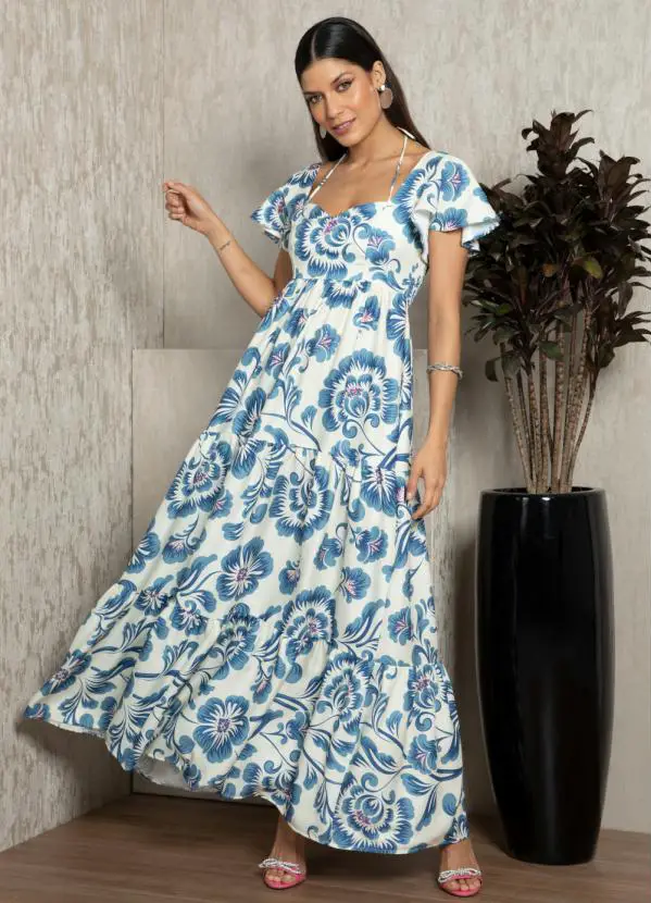 Moda Gestante: O Guia Definitivo Da Moda Para Maternidade Vestido Longo Floral Azul Com Recortes
