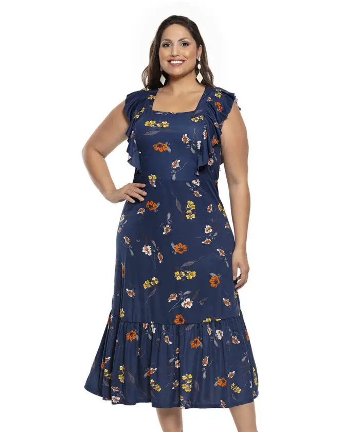 Vestido Plus Size Midi Azul Floral