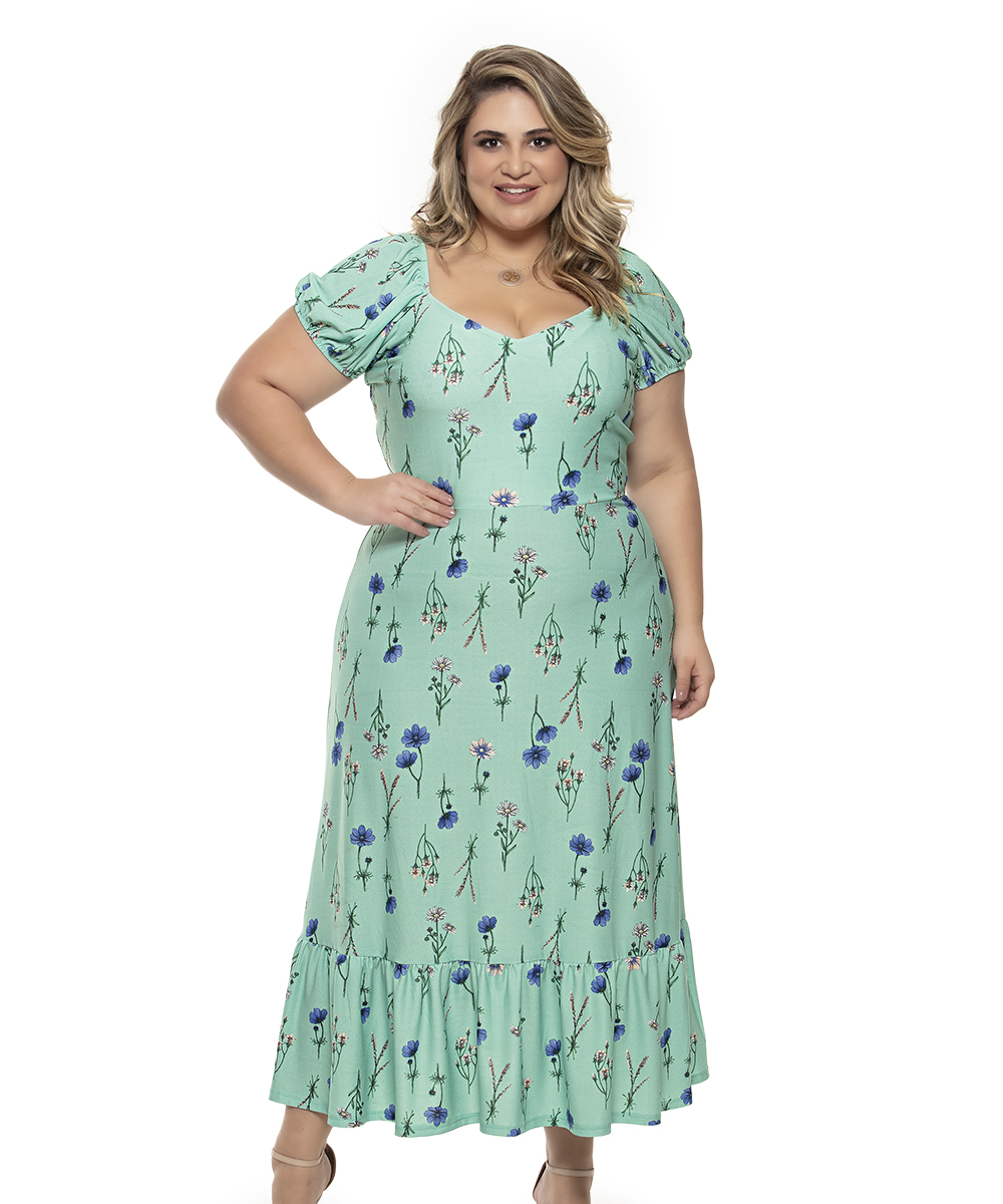 Vestido Plus Size Verde Floral