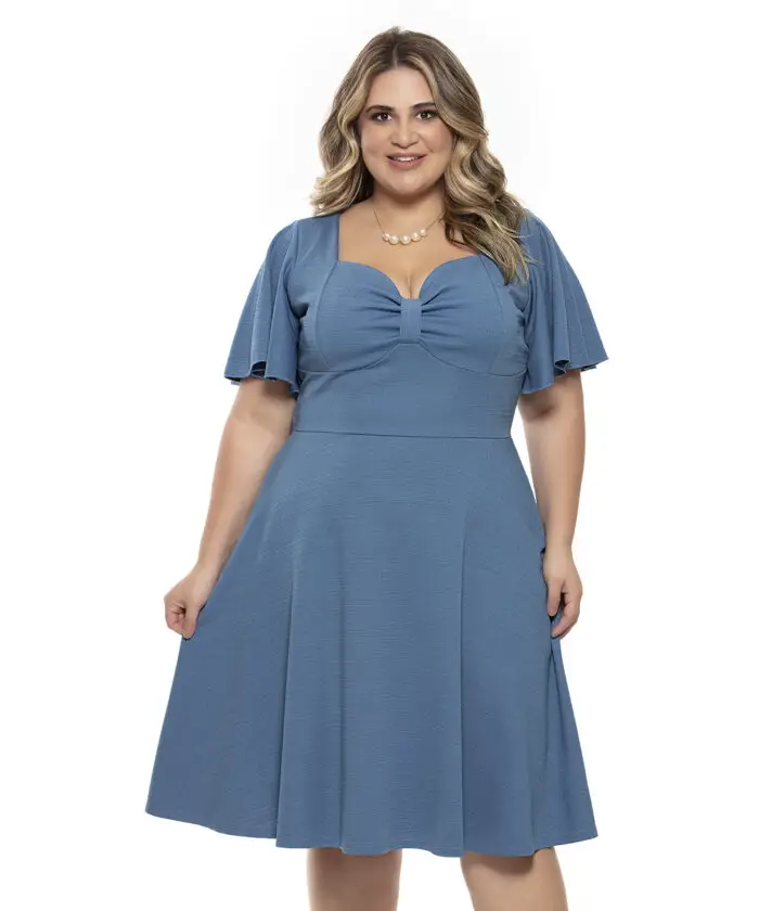 Vestido Plus Size Azul Malha Linho
