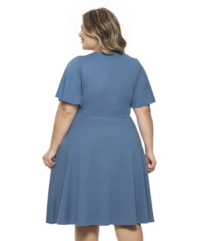 Vestido Plus Size Azul Malha Linho