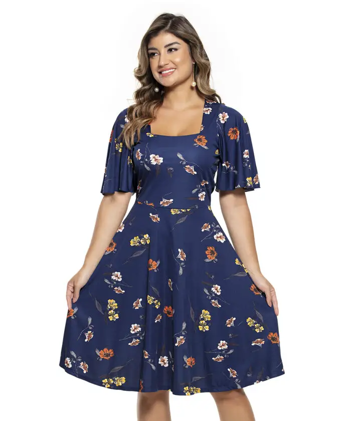Vestido Floral Azul Manga Flare