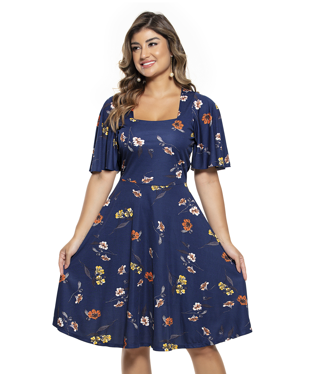 Vestido Floral Azul Manga Flare