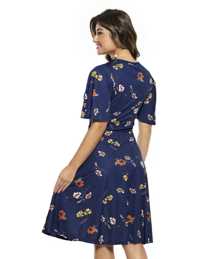 Vestido Floral Azul Manga Flare