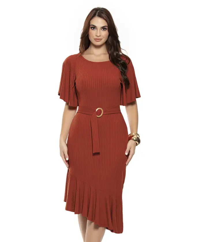 Vestido Elegante Com Faixa E Babado