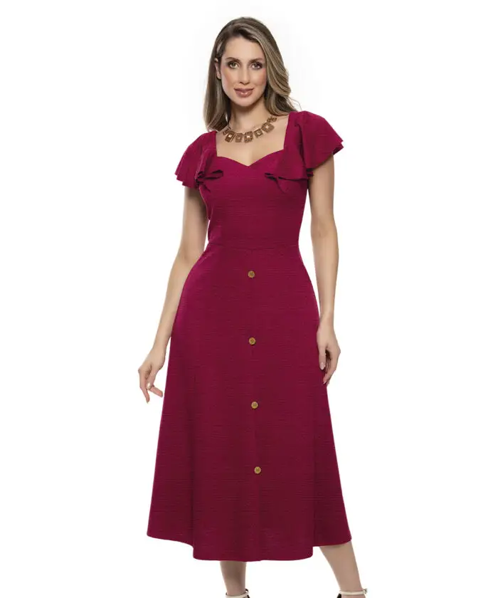 Vestido Midi Com Babados E Botões