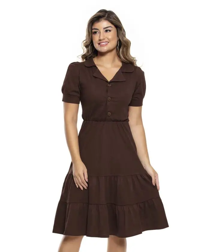 Vestido Midi Soltinho Marrom Com Botões