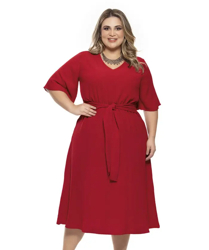 Vestido Plus Size Vermelho Midi