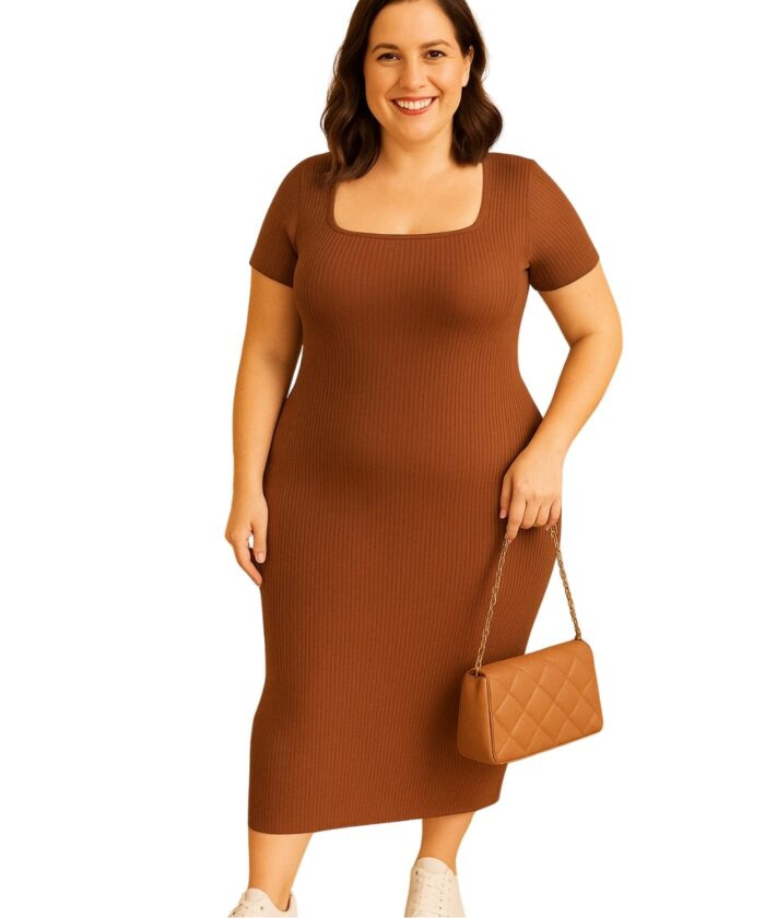 Vestido Plus Size Midi Marrom