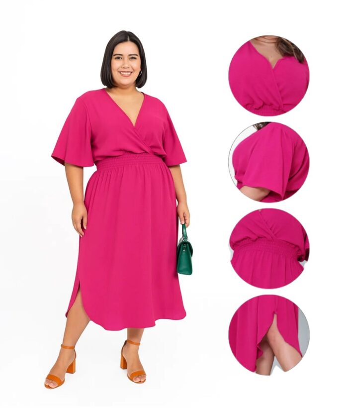 Vestido Plus Size Transpassado Fenda Rosa