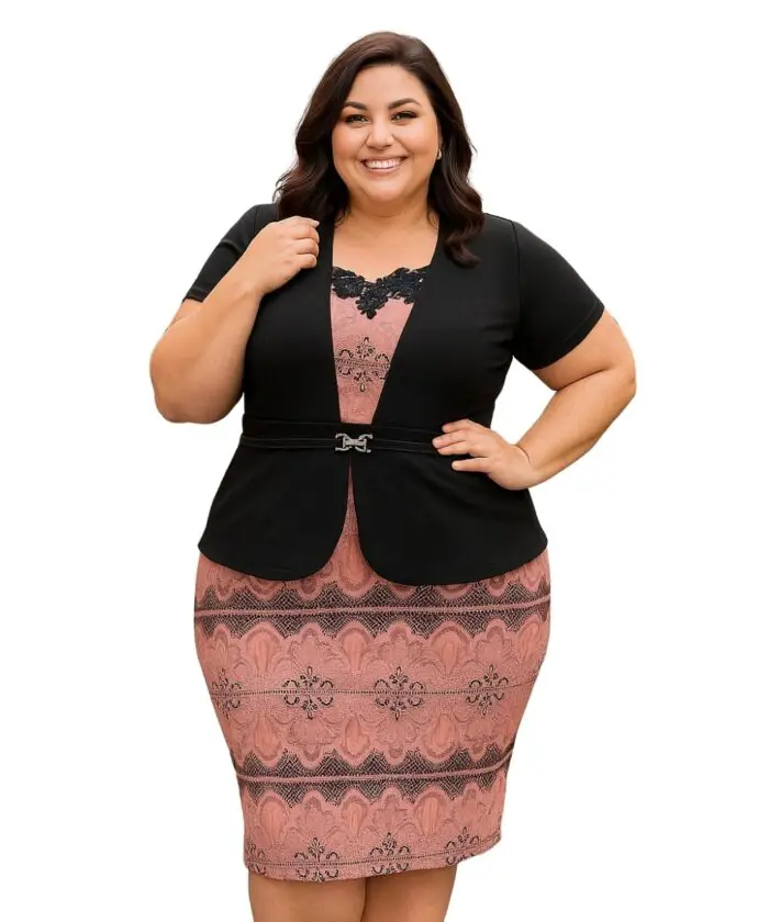 Vestido Social Tubinho Rosa Detalhes Renda