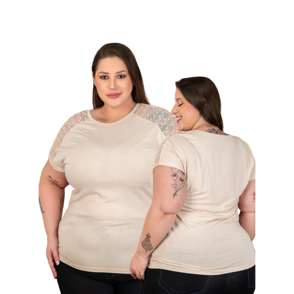 Blusa Feminina Com Mangas Em Renda Poá Plus Size