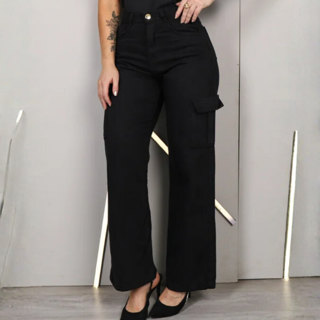 Calça Cargo Jeans Wide Leg Calça Feminina Jeans Wide Leg Cargo