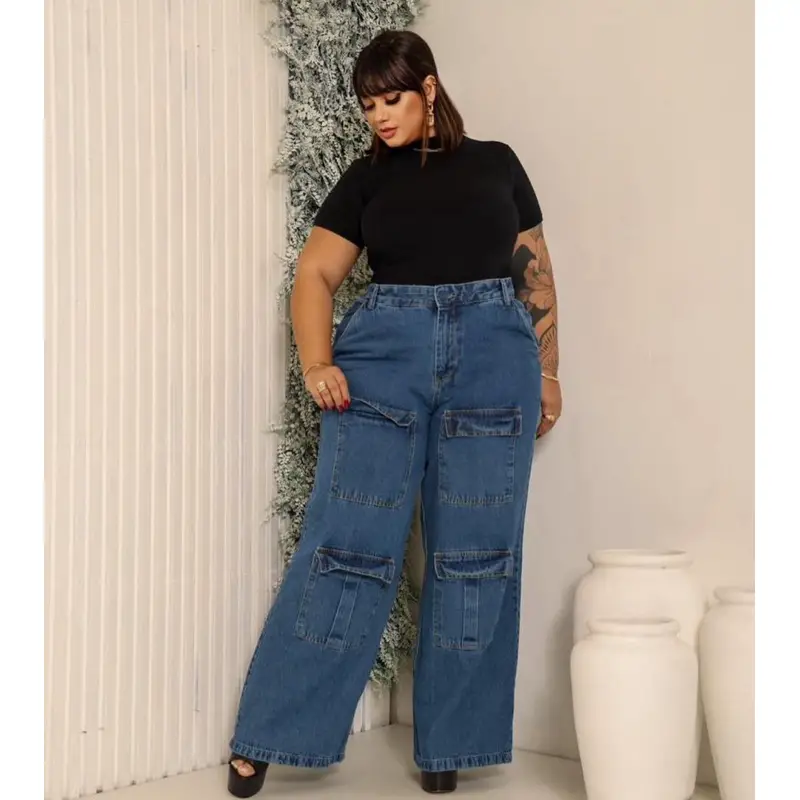 Calça Cargo Jeans Wide Leg Calça Jeans Wide Leg Cargo Feminina Plus Size Com Bolsos Grandes