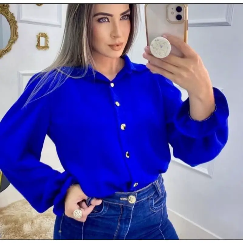 Camisa Azul Feminina Boton