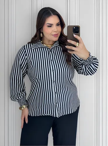 Camisa Feminina Listrada Camisa Feminina Plus Size Leve Manga Longa Social Listrada