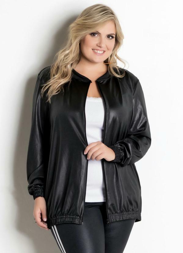 Jaqueta Bomber Em Cirrê Preta Plus Size