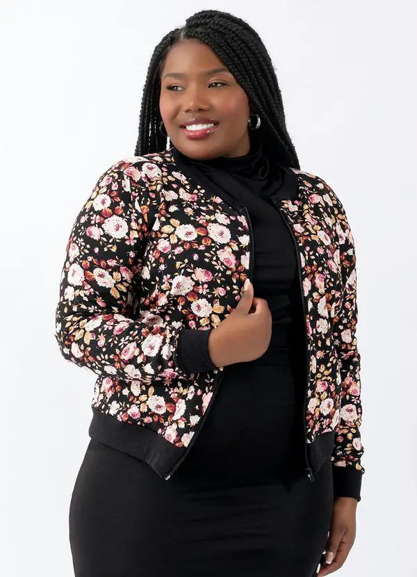 Jaqueta Bomber Preta E Floral