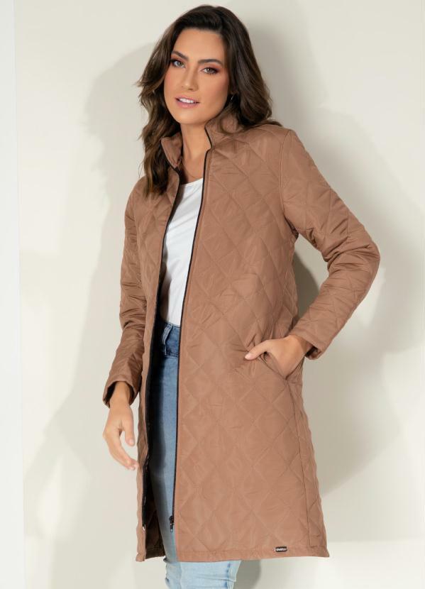 Jaqueta Puff Marrom Alongada Com Bolsos