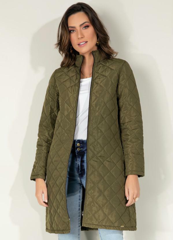 Jaqueta Puff Verde Alongada Com Bolsos