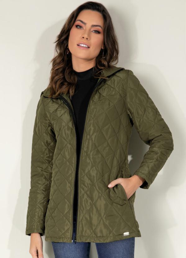 Jaqueta Puff Verde Com Capuz E Bolsos