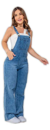 Macacão Jeans Jardineira Jeans Slim Com Elastano Cintura Alta