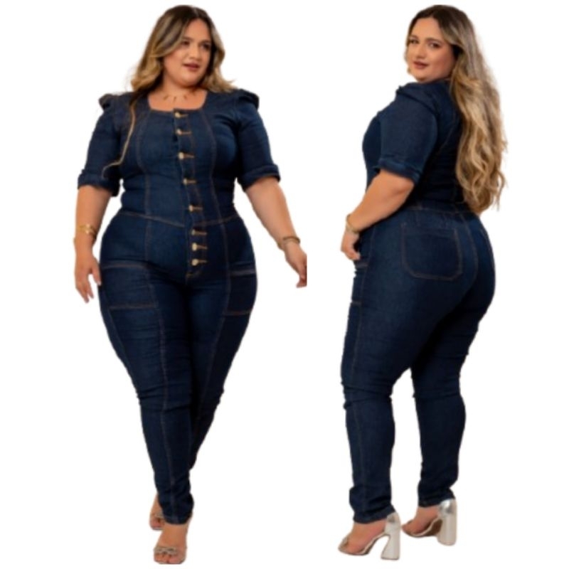 Macacão Jeans Feminino Longo Moda Plus Size Laycra