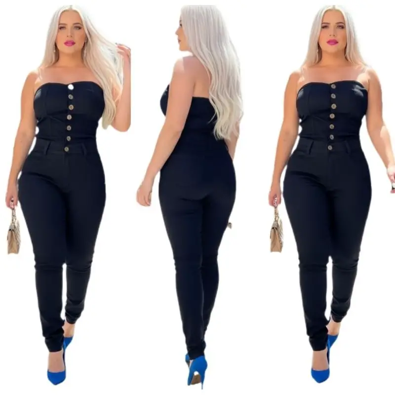 Macacão Jeans Macacão Jeans Feminino Tomara Que Caia Preto