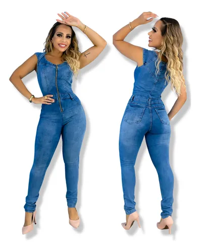 Macacão Jeans Macacão Longo Feminino Jeans Com Lycra Skinny