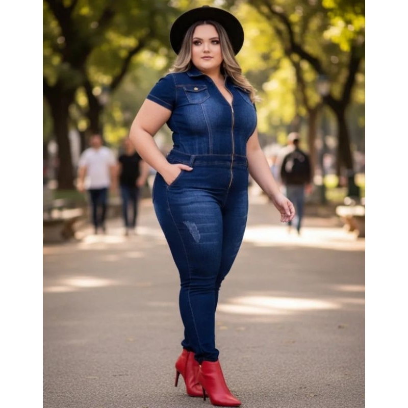 Macacão Longo Jeans Feminino Plus Size Manga Curta