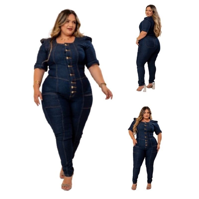 Macacão Longo Jeans Feminino Plus Size Manga Curta