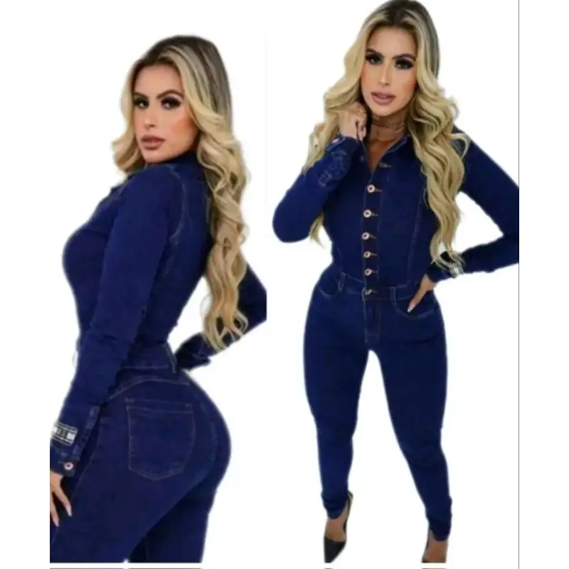 Macacão Jeans Macacão Manga Longa Jeans Feminino Skinny Levanta Bumbum