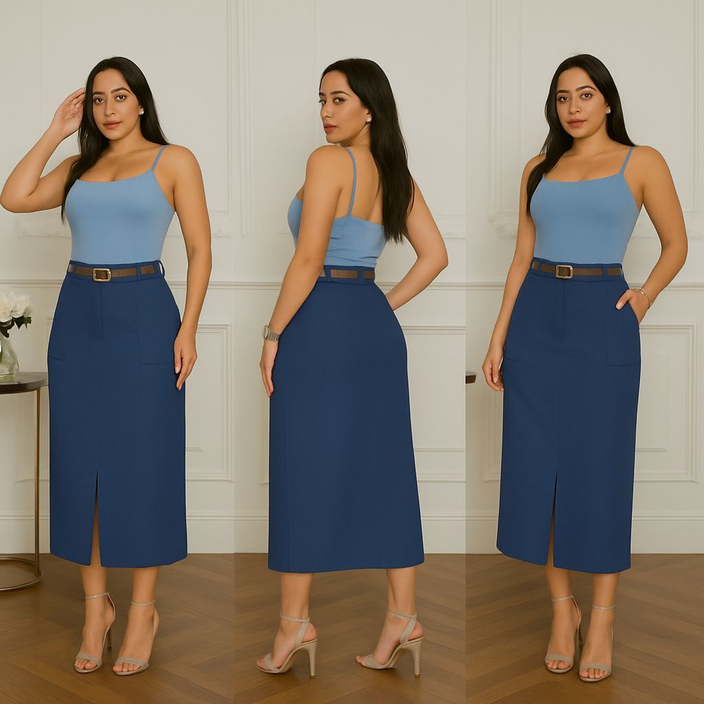 Saia Azul Midi Alfaiataria Com Cinto