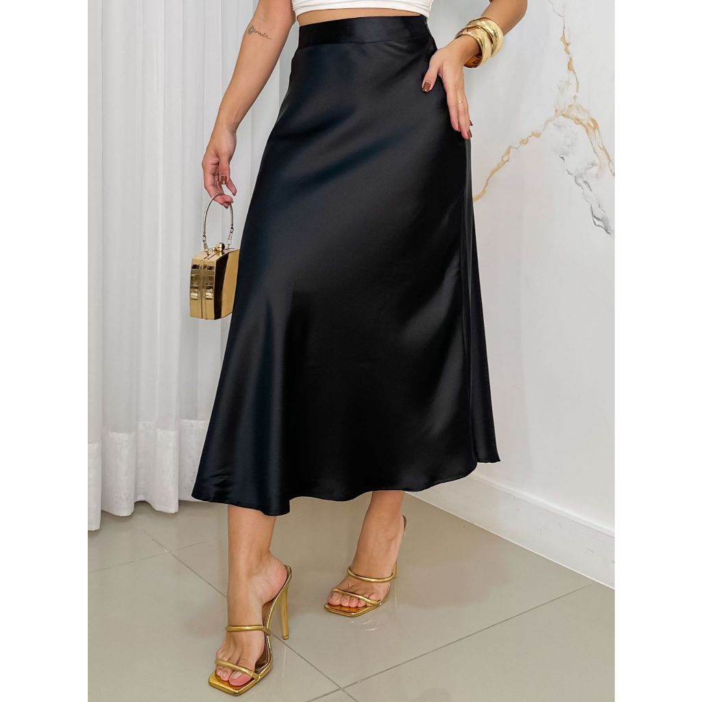 Saia Preta Midi Cetim