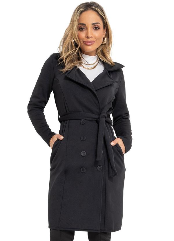 Sobretudo Alongado Preto Com Faixa E Botões