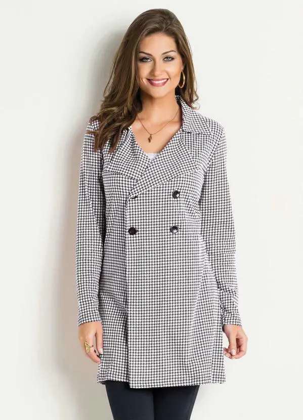 Sobretudo Pied Poule Branca Com Botões Frontais