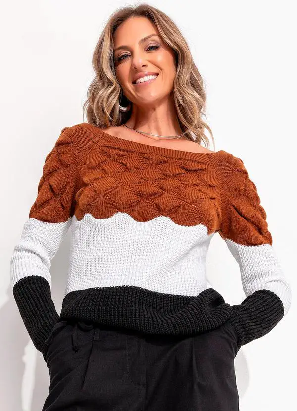 Suéter Em Tricô Caramelo/Off White/Preto