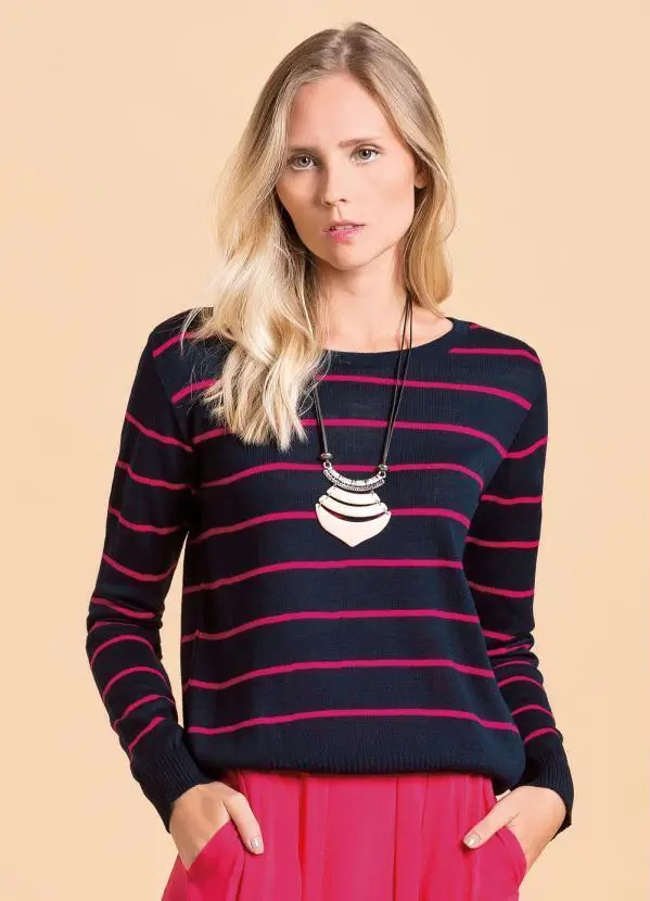Suéter Em Tricô Listrado/Marinho/Rosa