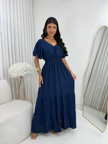Vestido Azul Longo Manguinhas Multiuso