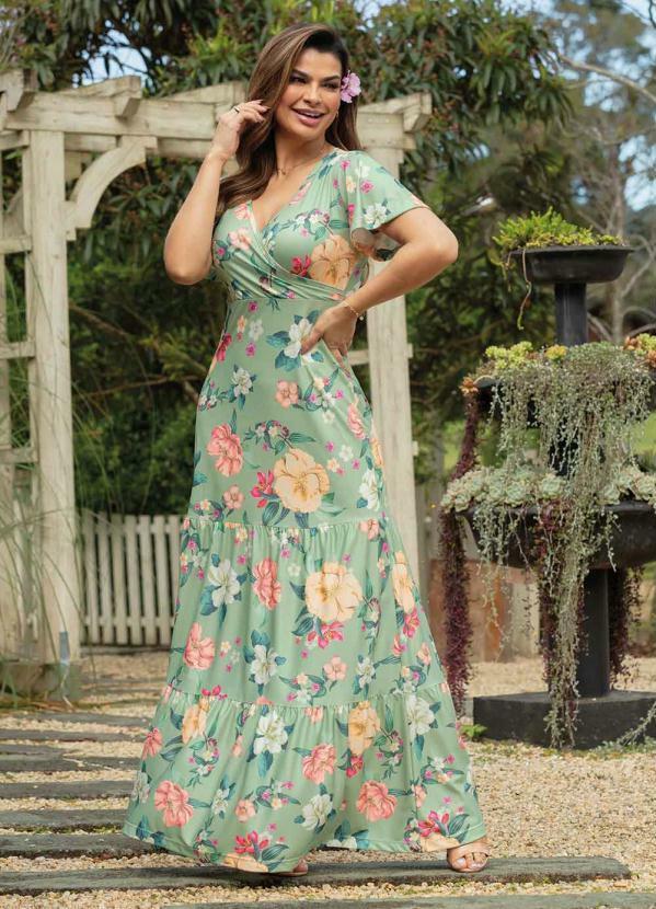 Vestido Camadas Floral Verde