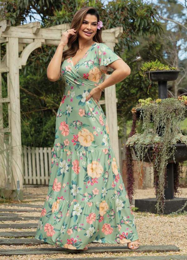 Vestido Camadas Floral Verde