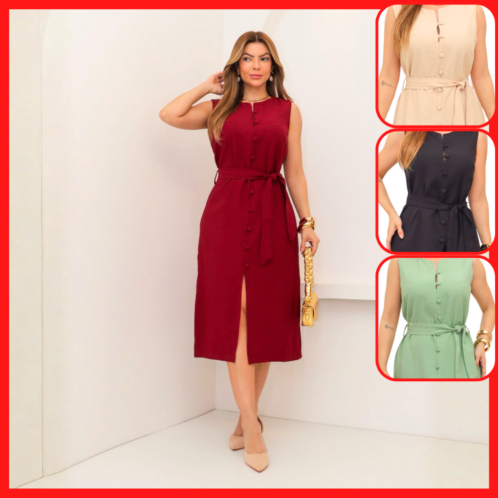 Vestido Chemise De Botão Longo Acinturado