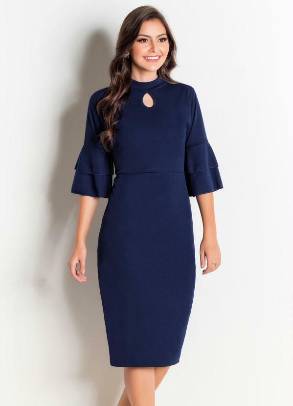 Vestido Com Babados Nas Mangas Marinho