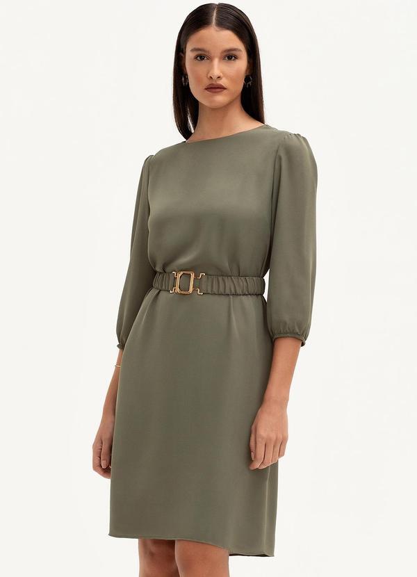 Vestido Com Cinto E Fivela Dourada Verde Oliva