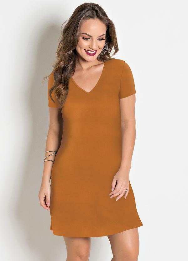 Vestido Com Decote Em V Caramelo