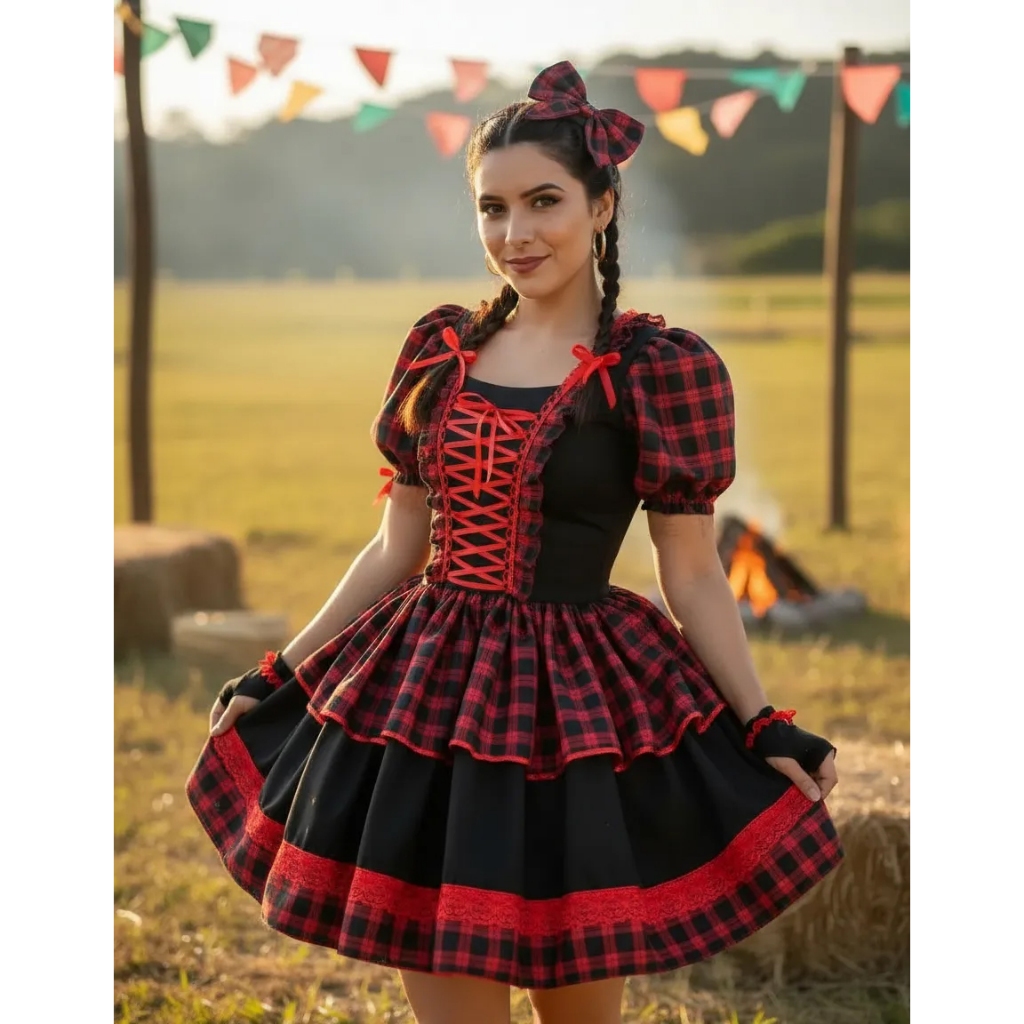Vestido Festa Junina Caipira Com Luva E Fita Cabelo