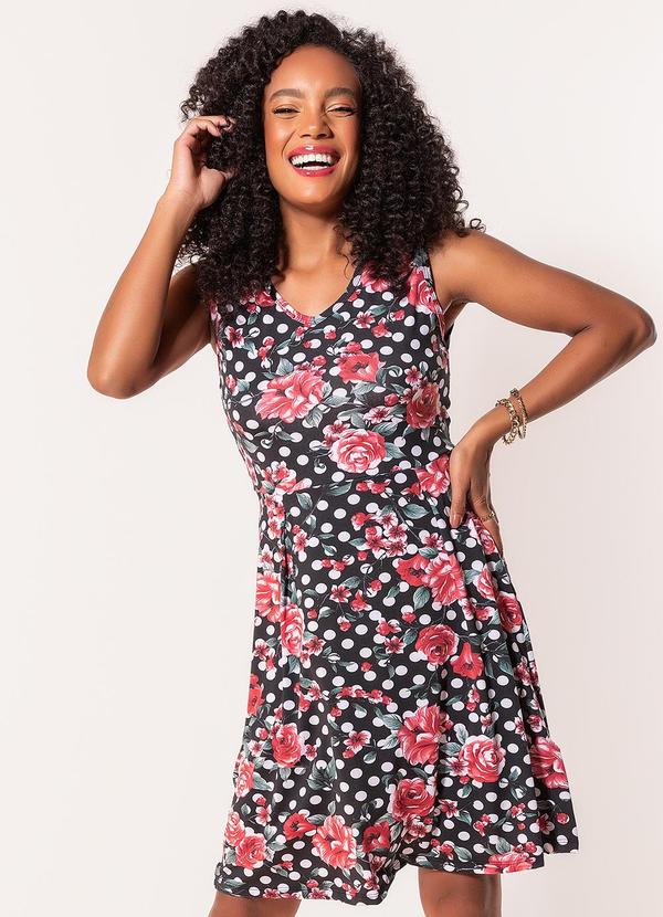 Vestido Floral E Poá Em Malha Com Elastano